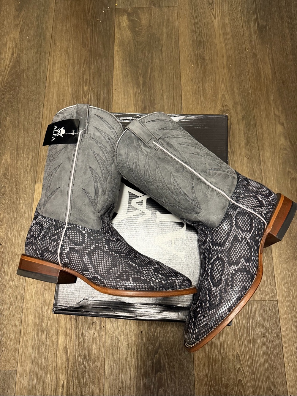 Men's Gray Snake-Print Western Boots with Suede Shaft